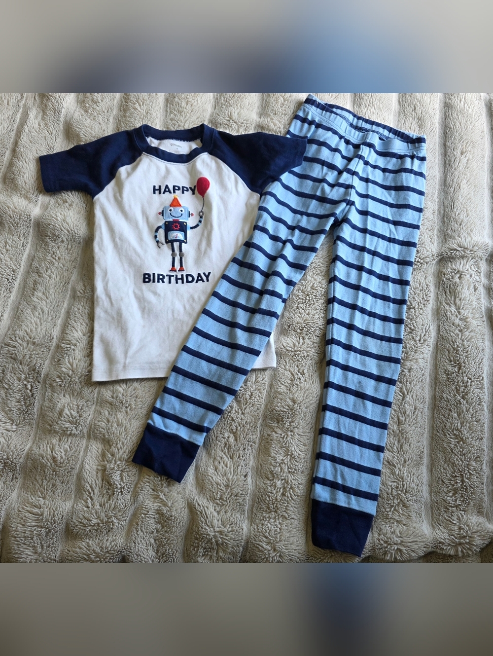 Gymboree White Navy Blue Robot "Happy Birthday" Kids Pajama Set